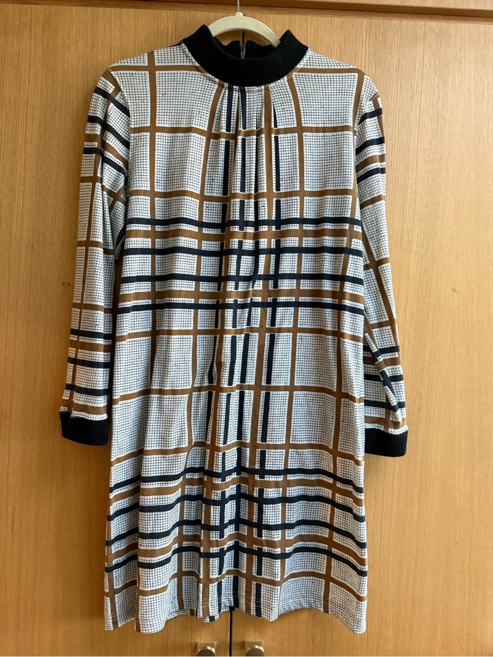 Billy Reid Black, White & Brown Plaid Mini Dress with mock neck